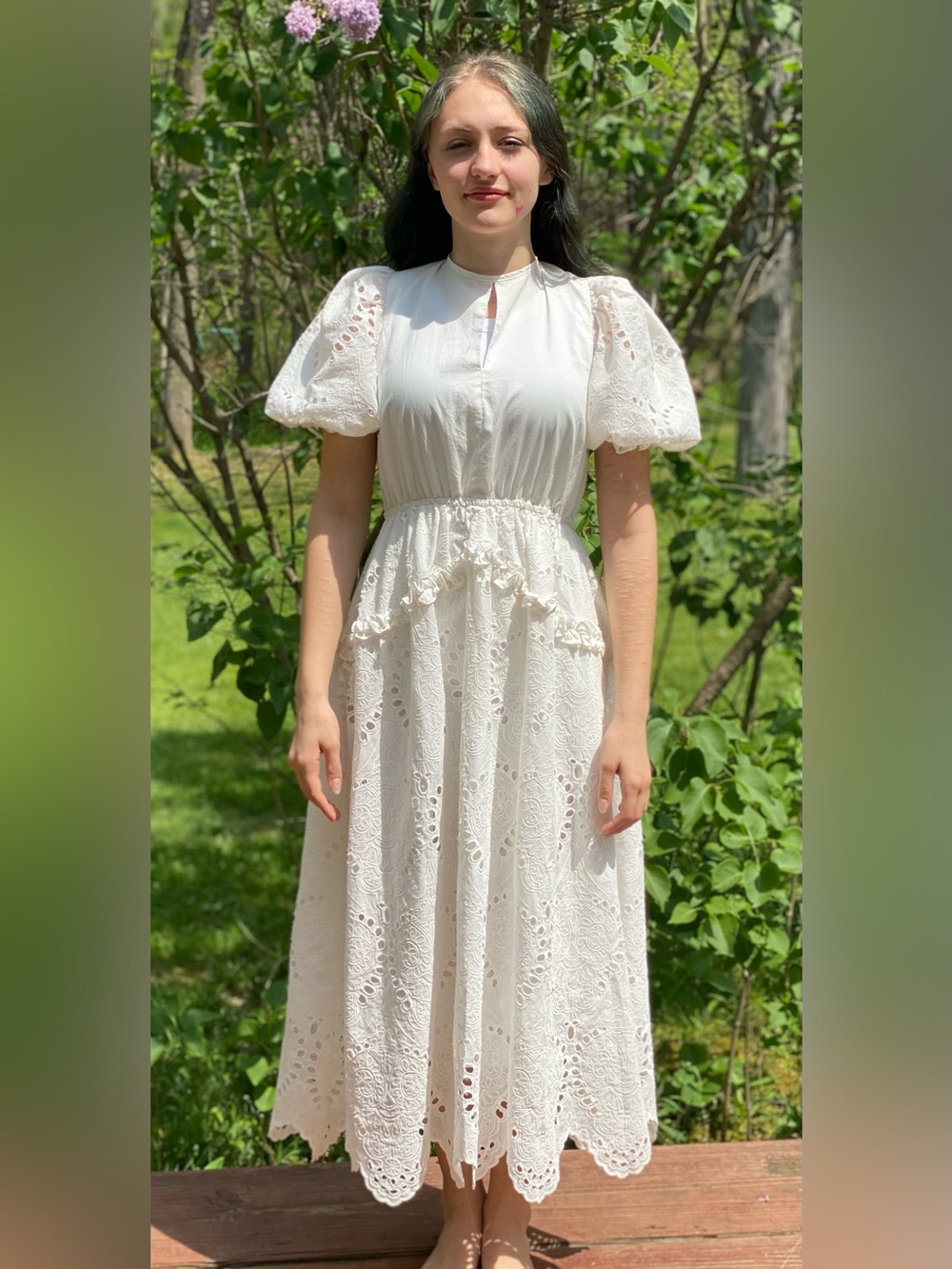 CHOUCHOU  White Eyelet Maxi Dress with Puff Sleeves and Ruffle Waist Size M